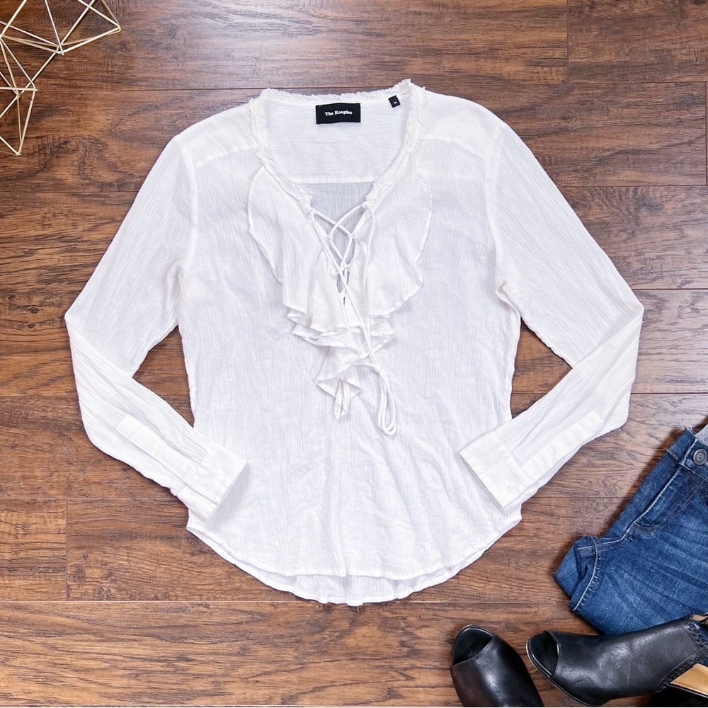 The Kooples • Crinkle Lace Up Top blouse white ruffle neck gauze boho peasant